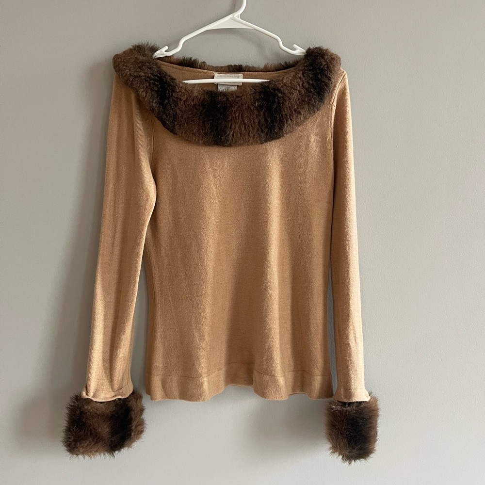 Faux Fur Trim Tan and Brown Long Sleeve Top